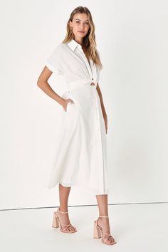 White Dress with Pockets - Collared Midi Dress - Cotton Dress - Lulus Cotton Summer Shirt Dress For Day Out, Summer Cotton Shirt Dress For Day Out, Beach Summer Midi-length Shirt Dress, Beach Summer Midi Length Shirt Dress, Summer Cotton Shirt Dress, Daytime Midi Length Summer Shirt Dress, Elegant Summer Midi Dress For Daytime, Elegant Midi Dress For Summer Daytime, Elegant Cotton Shirt Dress For Beach