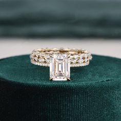 2-0-ct-oval-cut-halo-moissanite-bridal-ring-set Dream Rings, Diamond Bridal Ring Sets, Detailed Engagement Ring, Emerald Cut Engagement, Types Of Diamonds, Emerald Engagement Ring Cut, Engagement Ring Cuts, Moissanite Wedding Bands, Bridal Ring Set