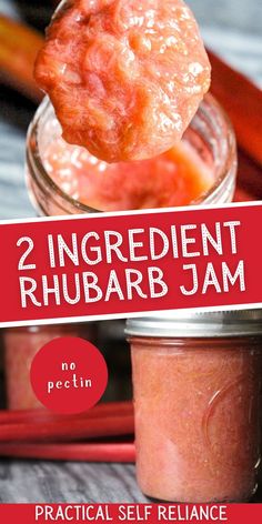 two jars with jams in them and the words, 2 ingredients rhubarb jam