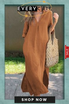 Women's Solid Color V-neck Linen Pocket Dress Casual V-neck Dress With Split Neck, Brown V-neck Summer Maxi Dress, Solid Color Beach Dress For Fall, Casual Solid Color Dress With Split Neck, Solid Color Fall Beach Maxi Dress, Solid Color V-neck Maxi Dress For Vacation, Casual V-neck Dress For Fall Day Out, Fall V-neck Solid Color Maxi Dress, Spring Solid Color Split Neck Dress