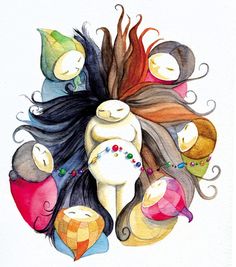 a drawing of an abstract woman with long hair and many other things around her head