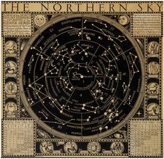 the northern sky with zodiacs and stars in gold on black paper, as well as other astro symbols