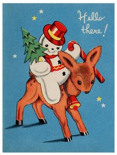 a christmas card with an image of a reindeer carrying a snowman on its back