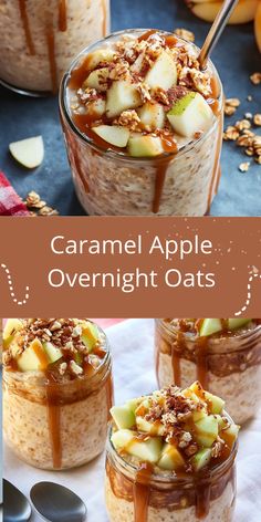 caramel apple overnight oats in jars with spoons