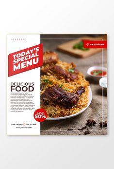 a restaurant brochure is shown with food on the plate and spices around it