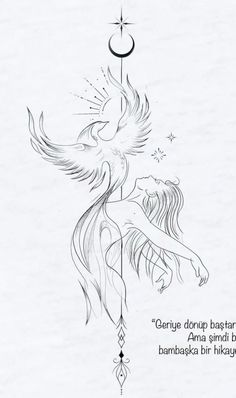 a drawing of an angel holding the moon with its wings, and stars above it