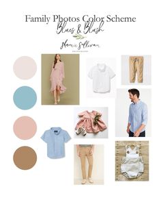 the family photos collage scheme is shown in blue, pink and beige colors with different items