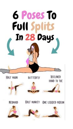 a woman doing yoga poses with the text 6 poses to full splits in 28 days