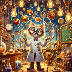 a painting of a cat in a lab surrounded by clocks and other items that are hanging from the ceiling