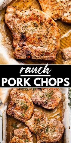 pork chops in a pan with herbs and seasoning on top, next to the recipe