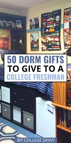 a college dorm room with posters on the wall and pictures above it that says 50 dorm gifts to give to a college freshman