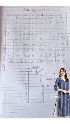 a woman standing in front of a whiteboard with measurements for clothes and shoes on it