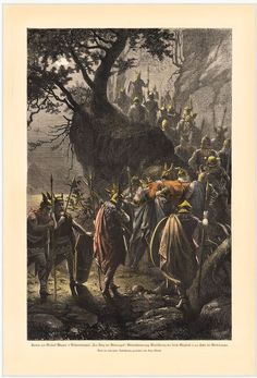 an old painting shows men dressed in medieval clothing and holding spears, walking through the woods