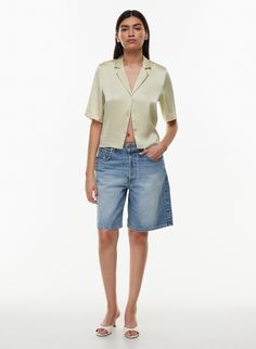 BESO SATIN SHIRT | Aritzia Classic Summer Blouse With Collared Neckline, Classic Collared Blouse For Summer, Sleek Silk Summer Blouse, Sleek Short Sleeve Summer Tops, Summer Blouse With Johnny Collar In Relaxed Fit, Summer Blouse With Johnny Collar And Relaxed Fit, Summer Johnny Collar Blouse With Relaxed Fit, Casual Satin Blouse For Summer, Classic Silk Blouse With Short Sleeves