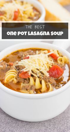 one pot lasagna soup in a white bowl with the title overlay above it