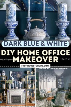 dark blue and white DIY home office makeover