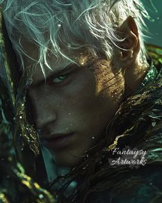 a man with white hair and green eyes