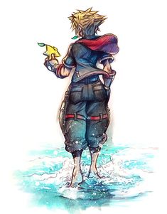 a drawing of a person standing in the water with a pokemon figure on his back