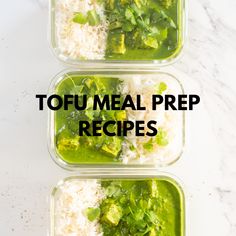 three glass containers filled with different types of food on top of a white countertop