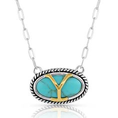 Details This necklace features a large oval turquoise stone with a "Y" brand overlaid. The stone is set in smooth silver and is encapsuled by a silver-toned rope that finishes the pendant. It hangs from a split 19 inch chain. Dimensions Width 0.000000 Height 0.560000 Length 19.000000 Materials Rhodium and gold over a brass base. Synthetic turquoise. Rhodium over a brass base chain. Montana Silversmith Jewelry, Black Hills Gold Jewelry, Bolo Necklace, Girl Cowboy Boots, Horse Necklace, Horses Pendant, Black Hills Gold, Y Necklace, Squash Blossom Necklace