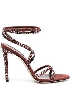 chocolate brown calf leather stud embellishment thin straps lace-up detailing buckle-fastening ankle strap open toe branded footbed high stiletto heel Pink Sandals Heels, Raffia Sandals, Black Strappy Sandals, Paris Texas, Strap Sandals Women, Italian Shoes, Leather Sandals Flat, Embellished Sandals, Studded Sandals