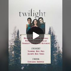 the twilight saga movie poster is displayed in front of an image of two people and trees