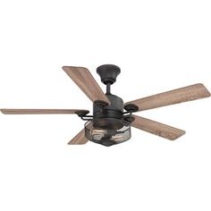 a ceiling fan with two wooden blades and a light fixture on it's side