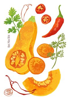 an illustration of various vegetables including peppers, tomatoes and bell peppers on a white background