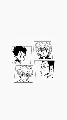 four different anime faces drawn in black and white