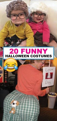 two women in costumes sitting next to each other with the caption 20 funny halloween costumes