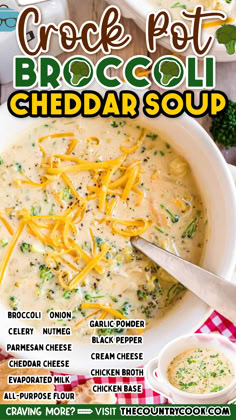 a bowl of broccoli cheddar soup on a table with a red and white checkered napkin