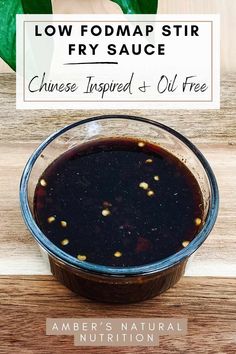 low fodmap stir fry sauce in a glass bowl on a wooden table