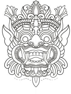 an intricate mask is shown in black and white, as well as the outlines