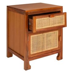 a wooden cabinet with two drawers and wicker baskets on the bottom, against a white background