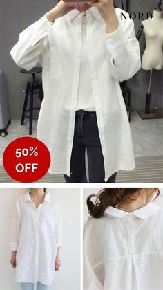 Image of the oversized linen shirt, with the subtitle perfect for every occasion and the logo of the brand NORD. The pin shows one big image with a women wearing the white blouse, at the bottom two images, one with details of the back with the buttons and one with the side of the blouse. Casual Chic Wardrobe, Oversized Linen Shirt, White Linen Top, Chic Wardrobe, Office Outfit, Winter Layering, Great Women, Linen Blouse, Roll Up Sleeves