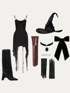 an assortment of halloween items including boots, scarves and makeup on a white background