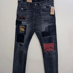 Polo Ralph Lauren Mens Black Sullivan Slim Fit Graffiti Patch Denim Jeans 33x30 Black Selvedge Denim Bottoms, Urban Black Rigid Denim Jeans, Black Urban Rigid Denim Jeans, Patchy Jeans, Patch Denim Jeans, Patched Denim Jeans, Patch Denim, Ralph Lauren Mens, Denim Patches