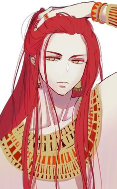 an anime character with red hair and gold jewelry holding her head in one hand while looking at the camera