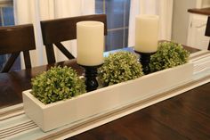 two white candles are sitting on a tray with greenery