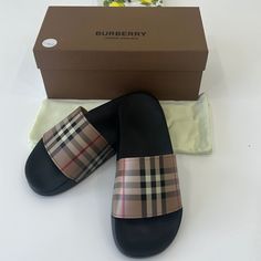 Nwt Burberry Women's Furley Vintage Check Slide Sandals Size 40 Burberry Sandals, Plaid Heels, Patent Leather Ballet Flats, Burberry Black, Burberry Shoes, Leather Sandals Women, Burberry London, Leather Wedge Sandals, Leather Ballet Flats