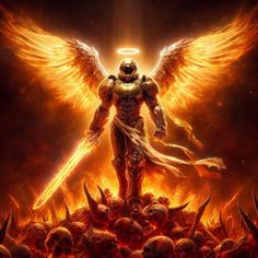 an angel standing on top of a pile of skulls in front of a fire filled sky