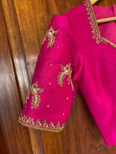 Blouse Sleeve Work Designs, Pink Blouses Designs, Pink Blouse Designs Hand Work, Work On Pink Blouse, Blouse Designs Embroidery Simple, Pink Blouse Work Designs, Silk Saree Blouse Embroidery Designs, Simple Work For Blouse, Muggum Work Blouse Designs Latest