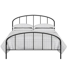 a black metal bed frame with white sheets and checkered bedspread on it