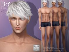 the male body is shown in three different poses, including one with white hair and two without