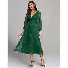 Silhouette:A-Line; Hemline / Train:Tea Length; Closure:Zipper UP; Built-In Bra:No; Embellishment:Ruched; Fabric:Polyester,Lurex Fabric; Sleeve Length:Long Sleeve; Tips:Colors may vary slightly due to different monitor settings,Professional dry cleaner only; Boning:No; Style:Elegant; Occasion:Formal,Wedding Guest; Neckline:V Neck; Front page:Wedding Guest Dresses; Listing Date:06/20/2024 Wedding Guest Midi Dresses, Midi Party Dress, 파티 드레스, Dress Sash, Sleeves Clothing, Pleated Maxi Dress, Pleated Maxi, Daily Dress, Long Sleeve Midi