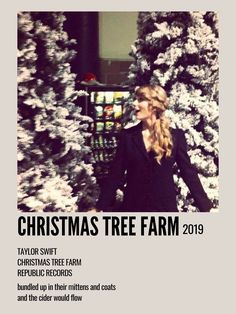 a woman standing next to a christmas tree in front of a tv screen with the words christmas tree farm on it