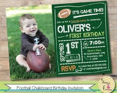 this is an image of a football themed birthday party card with a photo of a baby holding a football