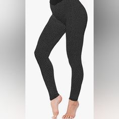 New Leggings In Dark Gray & Black & Size Small. This Pattern Is Carried Throughout The Leggings Even On The Waistband. Relaxed Waist Is Approximately 12" Across And Stretches To Approximately 13". Relaxed Length Is Approximately 34.5" And Stretches To Approximately 37". Made Of 82% Polyester & 18% Spandex Of The Four Way Stretch Leggings Fabric, It's Super Skin Friendly To Wear And With Great Compression To Slims, Conforms, And Contours With Each Pose And Movement. Moderate Thickness, Non See Th Black Breathable Fitted Yoga Pants, Stretchable Breathable Black Pants, High Waist Breathable Black Bottoms, High Stretch Breathable Black Pants, Fitted Breathable Black Leggings, High Waist Black Tights For Gym, High Waist Black Gym Tights, Black Breathable Bottoms With No Elasticity, Fitted Black Leggings For Gym