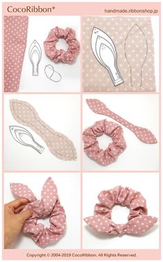 instructions for how to make an easy scrunchy hair tie with polka dot fabric