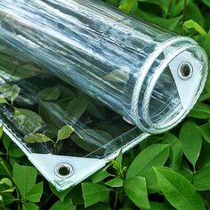 a clear glass vase sitting on top of green leaves